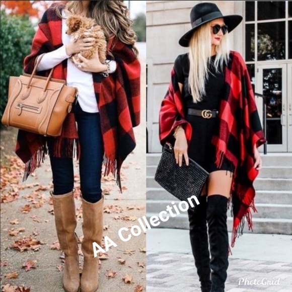 Accessories - Buffalo Plaid check Poncho Scarf Wrap Shawl